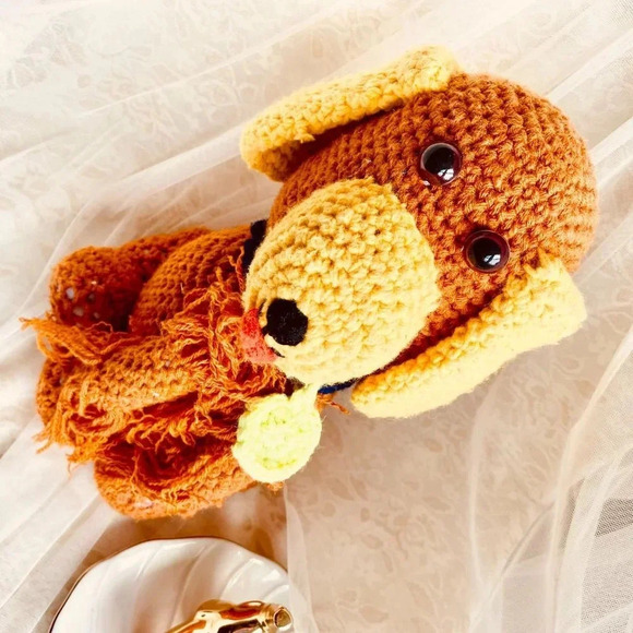 Stuffed Plushy Cute Brown and Cream Yellow Puppy Doggy Crochet Knit Doll Toy 12" - Picture 8 of 8